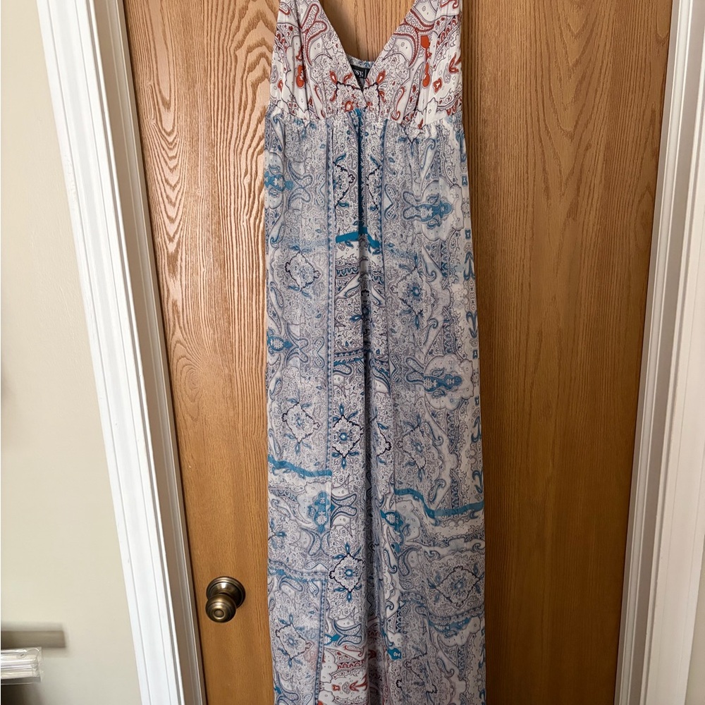 Gypsy 05 Strapless Maxi Dress in White, Blue and Rust